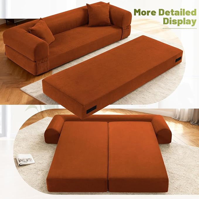 Convertible Futon Sofa Bed,80" Folding Pull Out Couch Bed with Pillows & Storage Pocket, Oversized Queen Sleeper Sofa in a Box,Corduroy Boneless Couch for Living Room,Orange