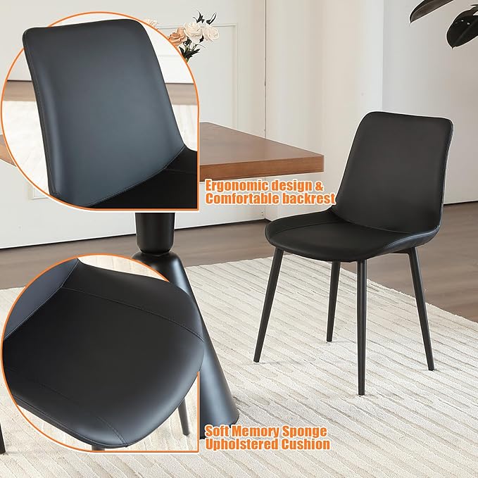 Black Leather Dining Chairs Set of 2, Mid Century Modern Faux Leather Kitchen & Dining Room Chairs, Comfortable Dinner Chair Kitchen Chairs for Restaurant Living Room, Cafe, Home (2, Black)