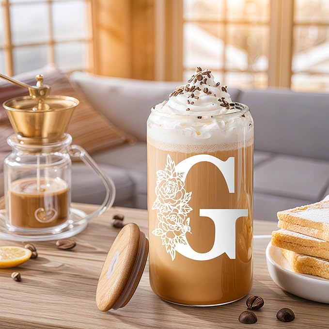DWTS DANWEITESI Birthday Gifts for Women: Initial Glass Cup as Office Graduation Memorial Holiday Personalized Gifts - for Teacher Employee Nurse Coworkers Bridesmaid Bride - G Aesthetic Cup