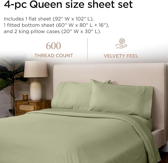Threadmill 100% Cotton Sheets for Queen Size Bed - 600 Thread Count Queen Bed Sheets Set with 16” Deep Pocket - Sateen Weave 4-Piece Bedding Set with Cooling Effect, Sage Green