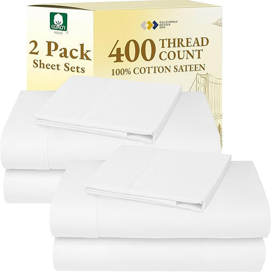 California Design Den 2-Pack Twin Size Bed Sheets Cotton - 400 Thread Count 100% Cotton Sateen - Soft, Breathable & Cooling Sheets, Wrinkle Resistant, 2 Sets of Deep Pocket Bed Sheets - Antique White