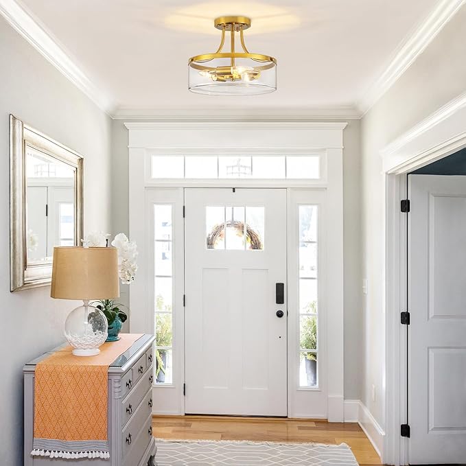 11.81" Brushed Gold Semi Flush Mount Ceiling Light, Modern Glass Entryway Light Fixture, Hallway Light Fixtures, 3-Light Drum Ceiling Lamp for Bedroom Kitchen Island Laundry Dining Room, UL Listed