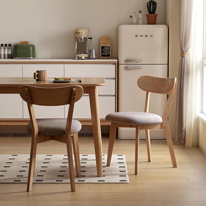 100% Solid Wood Upholstered Dining Chairs, Mid Century Modern Oak Dining Chairs with Curved Back Design with Butterfly Wing Shape for Kitchen, Dining Room, Restaurant (2PK, Log Color-Gray Cushion)