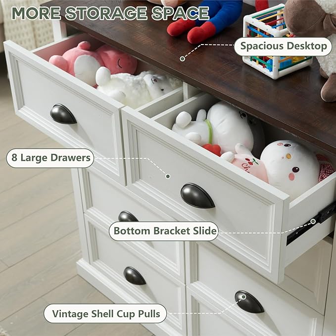 Farmhouse 8 Drawer Dresser for Bedroom, 39" Tall Dressers & Chests of Drawers, 42" Wide Dressers Organizer Storage, Wood Rustic Bedroom Dresser for Closet, Living Room, Hallway, White