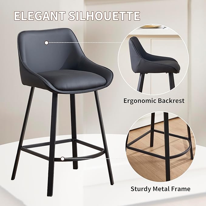26" Modern Bar Stools Set of 2, Faux Leather Upholstered Bar Stools, Counter Height Bar Chairs with Back for Kitchen, Dining Room, Cafe, Bar - Black