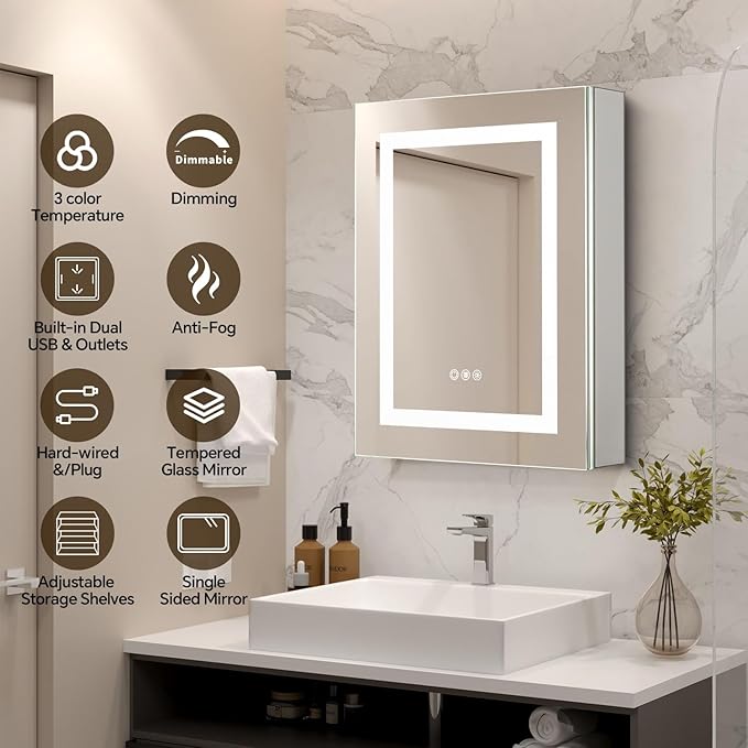 24 x 30 LED Lighted Medicine Cabinet with Lights, Recessed or Surface Wall Mount Medicine Cabinet Mirror for Bathroom with Storage, Outlets & USB, Tempered Glass, 3-Color Dimming, Adjustable Shelf