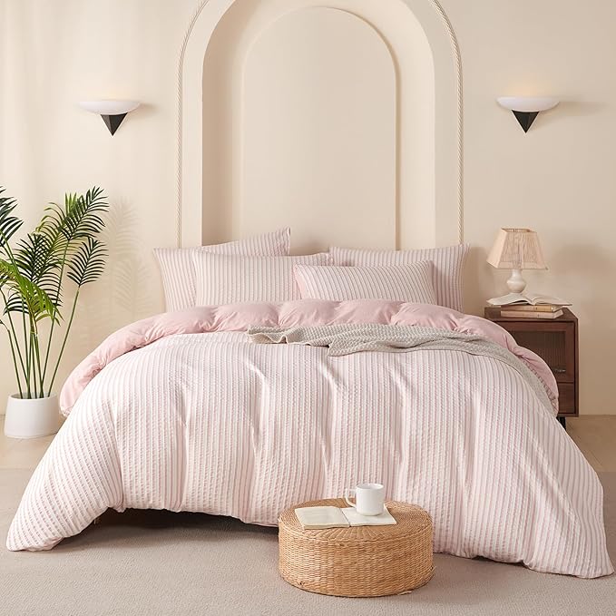 Pink Comforter King Size Set Striped 100% Soft Washed Microfiber Jacquard 3 Pieces Striped Bedding Sets Pink White Comforter for All Seasons and 2 Pillowcases Comfort Breathable