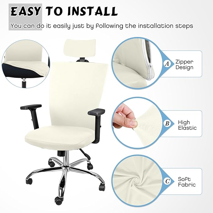 Lounsweer 3 Pieces Office Chair Cover Rolling Desk Chair Cover Gaming Covers Stretch Washable Protector Pets Slipcovers for Swivel Armchair Boss(Classic,Ivory White)