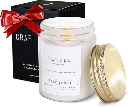 Craft & Kin Palo Santo Christmas Scented Candle | 8 Oz 45 Hour Long Lasting | Classic Soy WoodWick Winter Candles | Made with Natural Soy | Holiday Candles Gifts for Men and Women