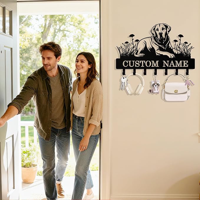 Personalized Key Holder Wall Mount, Custom Dog Metal Keys Holder for Wall with Name, Wall Key Hanger Rack with Hooks for Entryway, Front Door, Living Room, Kitchen, Bathroom, Garden