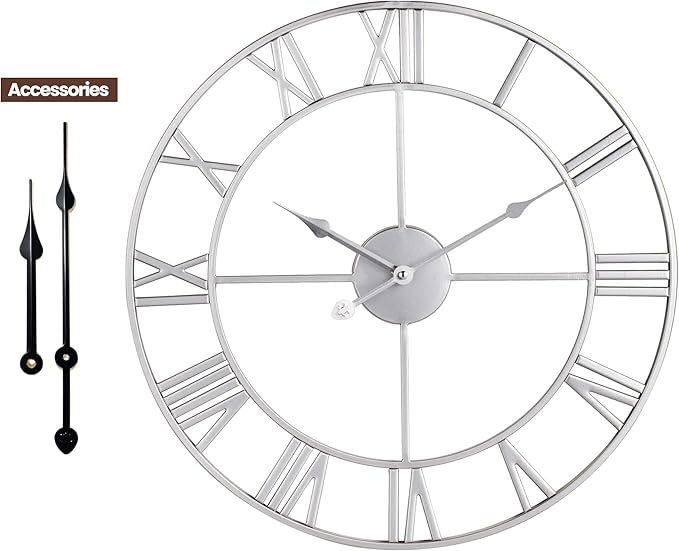 1st owned Large Wall Clock, Metal Retro Roman Numeral Clock, Modern Round Wall Clocks Almost Silent, Easy to Read for Living Room/Home/Kitchen/Bedroom/Office/School Decor (Silver, 24 Inch)