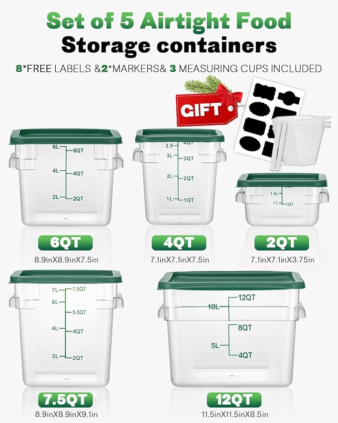 12QT NSF Food Storage Containers with Lids: 4 PCS [Total Food Grade][Hot&Cold Resistant] Commercial Clear Food Storage Containers for Restaurant Kitchen Proof Dough, Measuring Spoons Included(Green)