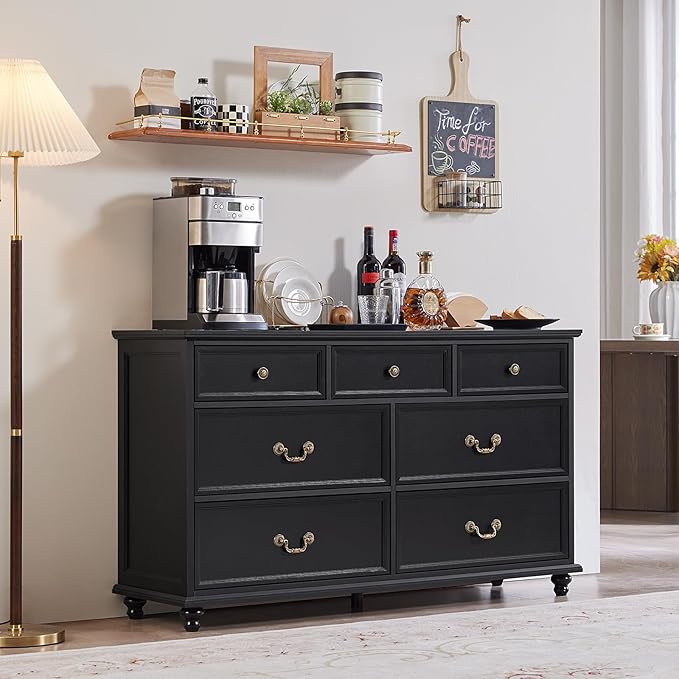 24" Wide Farmhouse Nightstand Set of 2, 54" 7 Drawers Dresser, 37" Tall Rustic Chests of Drawers w/ 4 Solid Wood Feet, Farmhouse Furniture Series for Living Room,Bedroom,Black