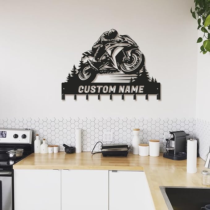 Personalized Motorcycle Metal Key Holder, Custom Last Name Metal Wall Sign, Hanging Storage Rack for Garage and Home Decor (Style-4)