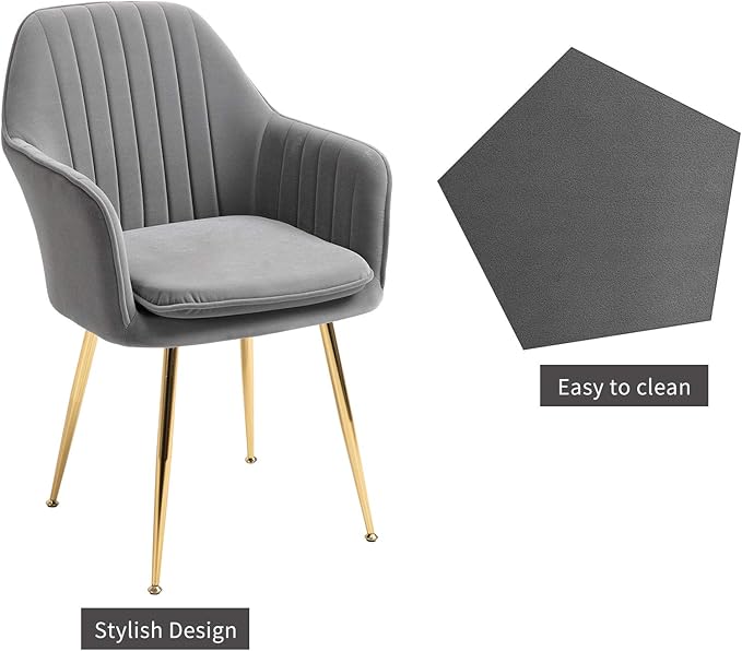 ECOTOUGE Matte Velvet Dining Chairs Set of 2, Modern Arm Chair with Golden Metal Legs, Living Room Accent Chairs for Kitchen, Grey