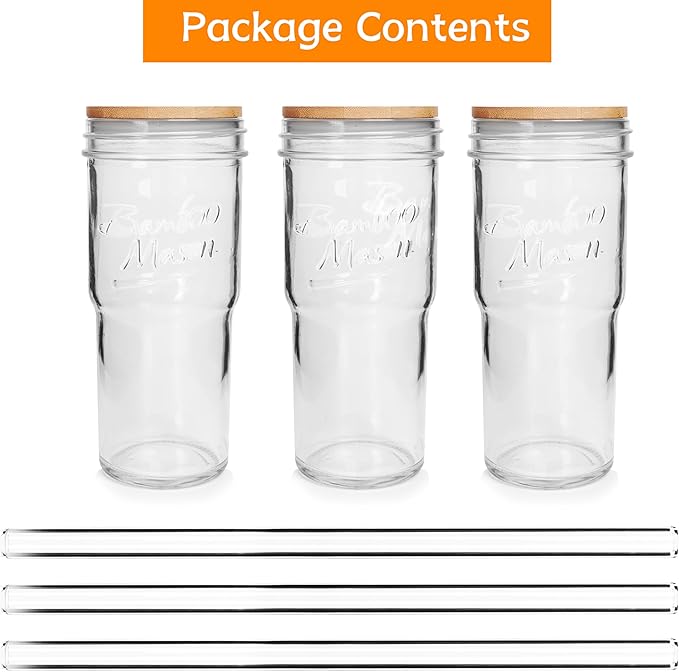 ANOTION Glass Cups with Lids and Straws, 24 oz Travel Coffee Mug Wide Mouth Mason Jar Iced Coffee Cup Smoothie Cup Glass Tumbler Tea Cup Clear Cups Cute Water Cups Drinking Glasses 3 Packs