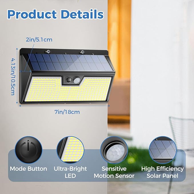 Peasur Warm White Solar Lights Outdoor Motion Sensor, 2 Pack 318LED Solar Powered Fence Wall Light IP65 Waterproof, 3 Mode Security Lights for Outside Deck Stairs Step Yard Patio