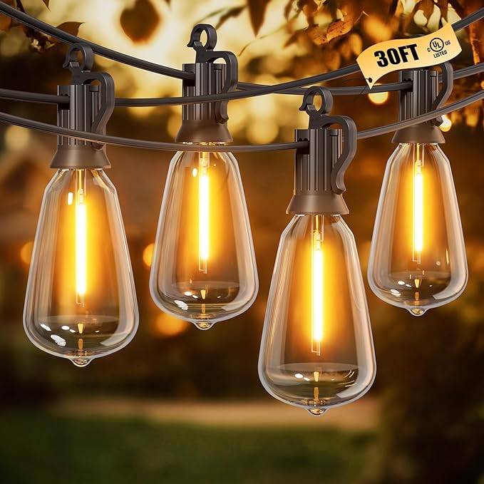 Brightown Outdoor String Lights, 30FT 15+1 LED ST38 LED Patio Lights Shatterproof, Dimmable IP65 Waterproof Connectable Hanging Outdoor Light for Backyard, Porch, Deck, Balcony