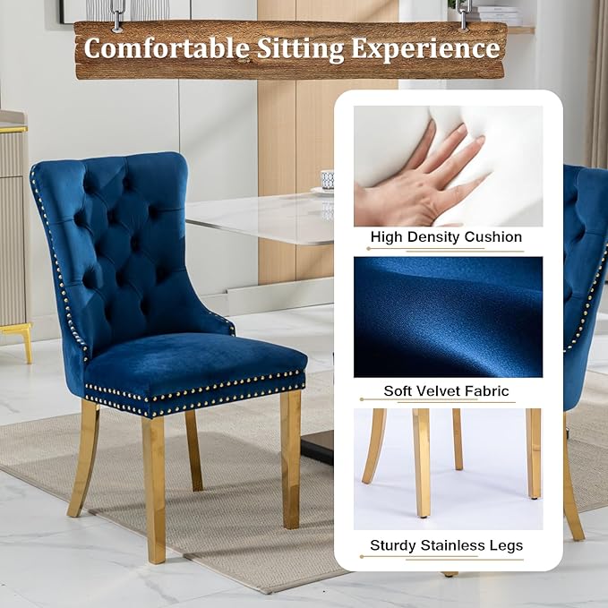 Goujxcy 51" Glass Dining Table Set for 4, Modern Kitchen Table and Chairs Set w/Steel Legs, 5-Piece Dining Table Set w/Glass Gold Dining Table and 4 Blue Velvet Chairs for Kitchen Dining Room