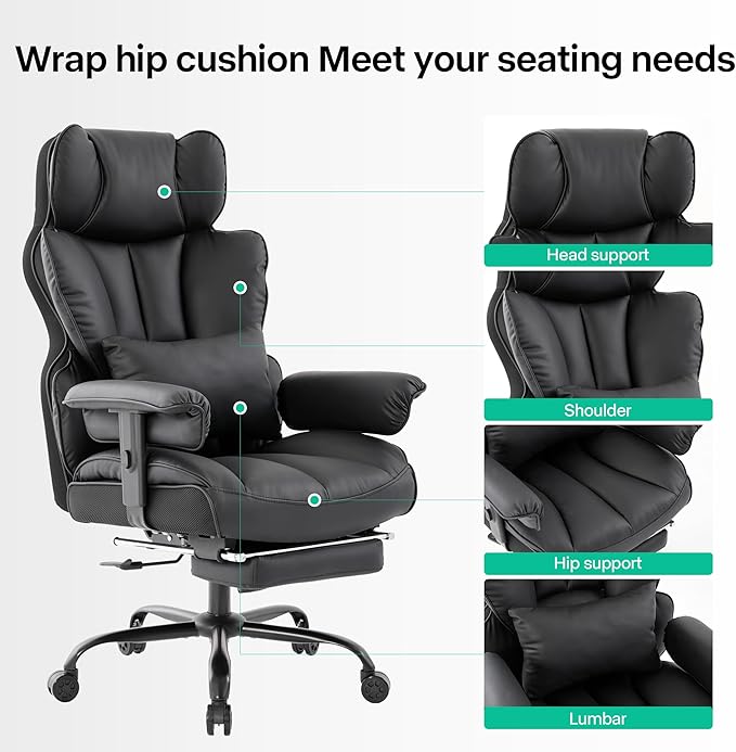 Big and Tall Office Chair 400lbs Wide Seat,High Back Gaming Chair with Foot Rest, Ergonomic Reclining Executive Office Chairs Lumbar Support,Leather Computer Chair Adjustable Arm(Black)