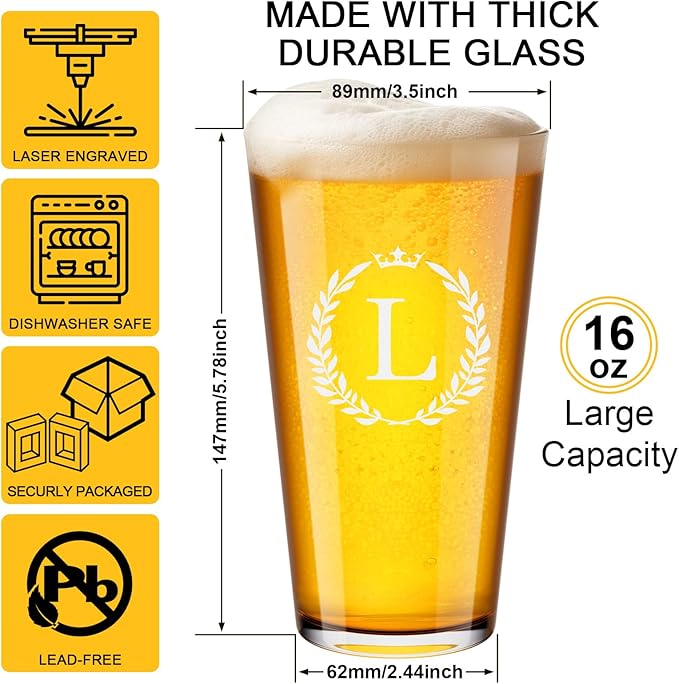 Personalized Beer Glasses Gifts for Men, 16 oz Pint Glasses Monogrammed A-Z Drinking Glass Cups Customized Gift, Unique Christmas Anniversary Birthday Gifts for Men Him Dad Brother Husband Grandpa (L)