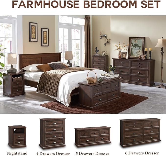 21" Tall Nightstand with Charging Station, Farmhouse 18" Wide End Table with 2 Storage Drawers, Wood Rustic Side Table w/Open Shelf for Bedroom, Living Room, Closet, Brown