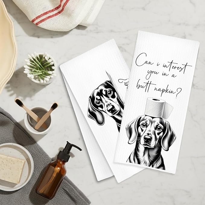 Funny Dachshund Dog Hand Towels, Dachshund Bathroom Decor, are You Pooping Weiner Dog Decorative Hand Towels for Bathroom Washroom Restroom Toilet, 16x24 Inch Set of 2