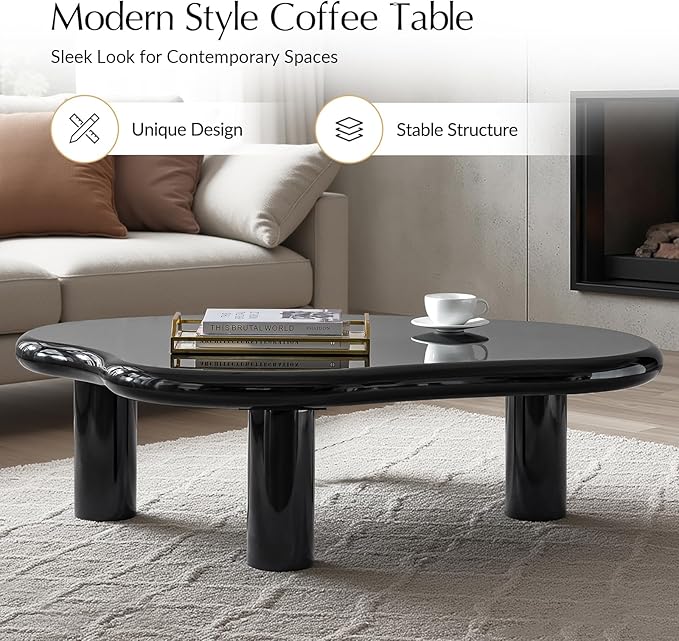 HULALA HOME Modern Cloud-Inspired Coffee Table with Asymmetrical Lacquered Top, Adjustable Legs & Rounded Corners, 50.5”W Contemporary Center Table for Living Room/Office, Holds 110 LBS, Easy Assembly