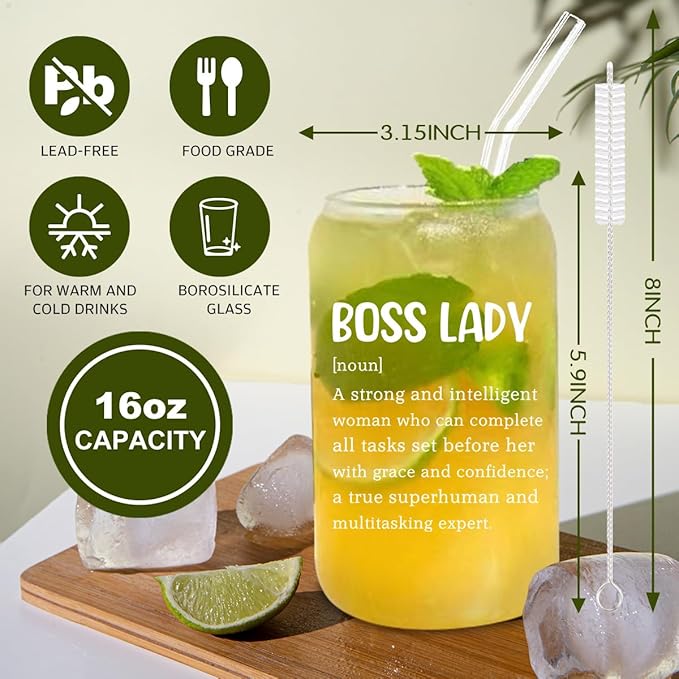 Boss Lady Glass Cup - 16oz with Lid and Straw, Thank You Boss Gift, Coworker Farewell Present