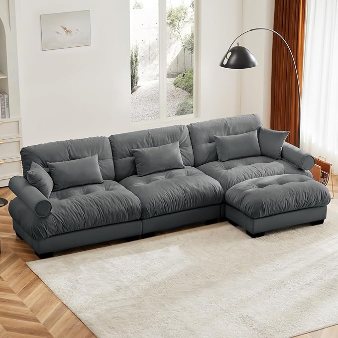 Grey Ottoman for Modular Sectional Sofa, Velvet Fabric Seat for Oversized Sectional Couches for Living Room Bedroom Apartment, Cloud Sofa Couch, Sofá para Sala