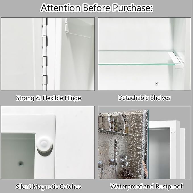 Bathroom Medicine Cabinet with 20"x26" Frameless Beveled Mirror,Recessed or Surface Mount, Space-Saving Storage for Toiletries,White Finish,Easy Installation