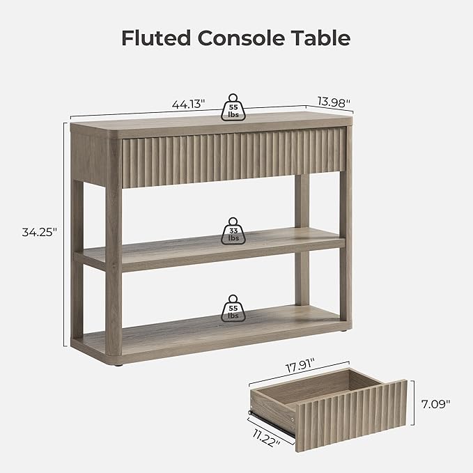 SICOTAS Fluted Entryway Table with Storage, 44.13" W Console Table with 2 Drawers & 2 Tier Storage Shelves, Modern Sofa Table Behind The Couch for Living Room, Entrance, Hallway, Foyer, Grey Alder