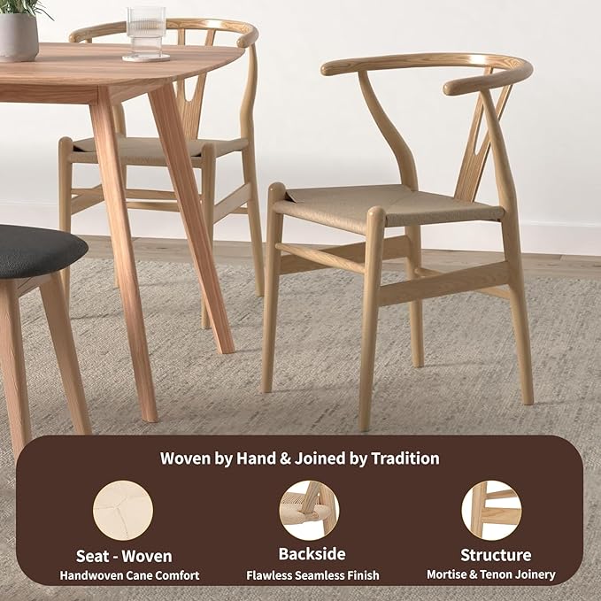 Tomile Wishbone Chair Y Chair, Wooden Dining Chairs Set of 2, Mid Century Modern Chairs with Arms, Solid Wood Weave Seat Kitchen & Dining Room Chairs (Ash Wood - Natural Wood Color)