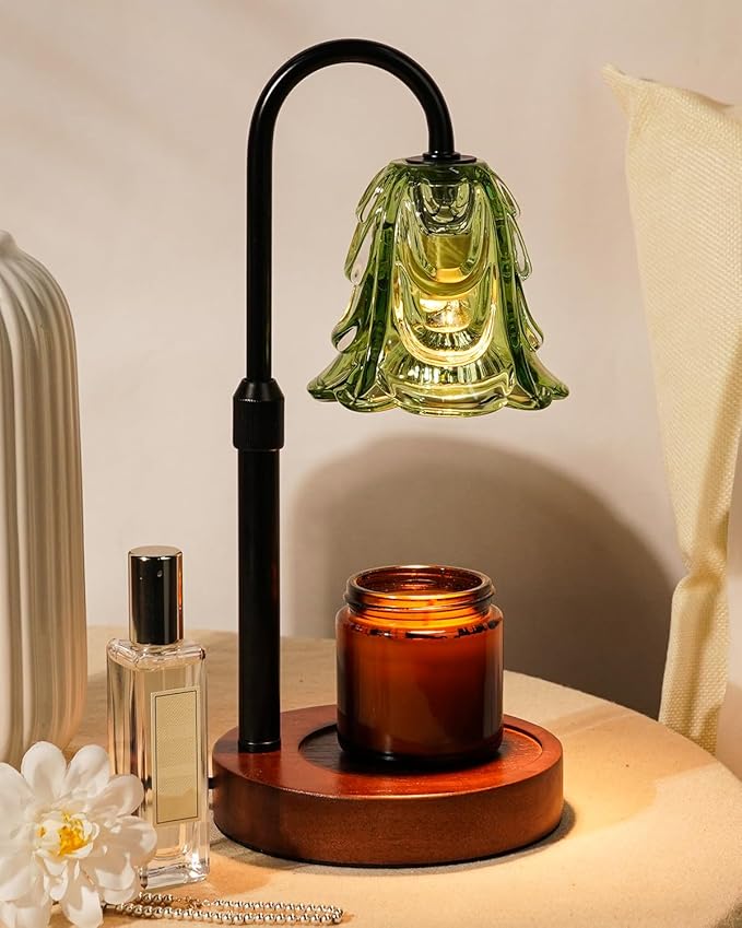 Small Candle Warmer Lamp with Timer, Adjustable Green Lamp Warmer for Jar Candles, Unique Women Gifts for Birthday, Dimmable Candle Heater, Christmas Gifts, Cute Wax Warming Light with Wood Base