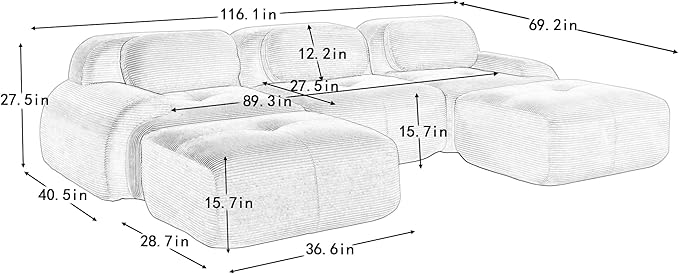 116" Modern Compressed Boneless Couch with Ottoman, 3 Seater Large U Shaped Sectional Couches for Living Room, Black Corduroy Cloud Modular Sectional Sofa, Memory Foam, Extra Deep, No Assembly