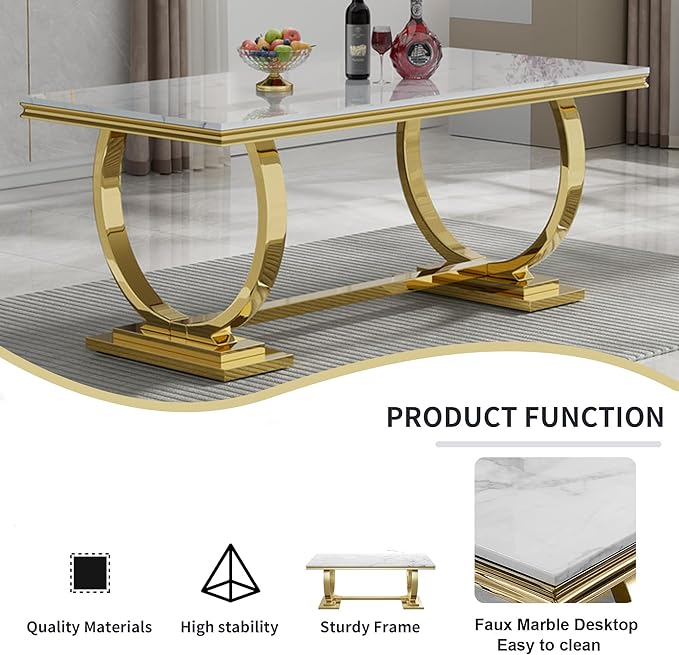 Goujxcy 7 Piece Marble Dining Table Set for 6, Luxury White Marble Gold Kitchen Table with 6 Green Velvet Upholstered Chairs, Modern 6 Person Dining Room Table Set for Kicken Dining Office Room