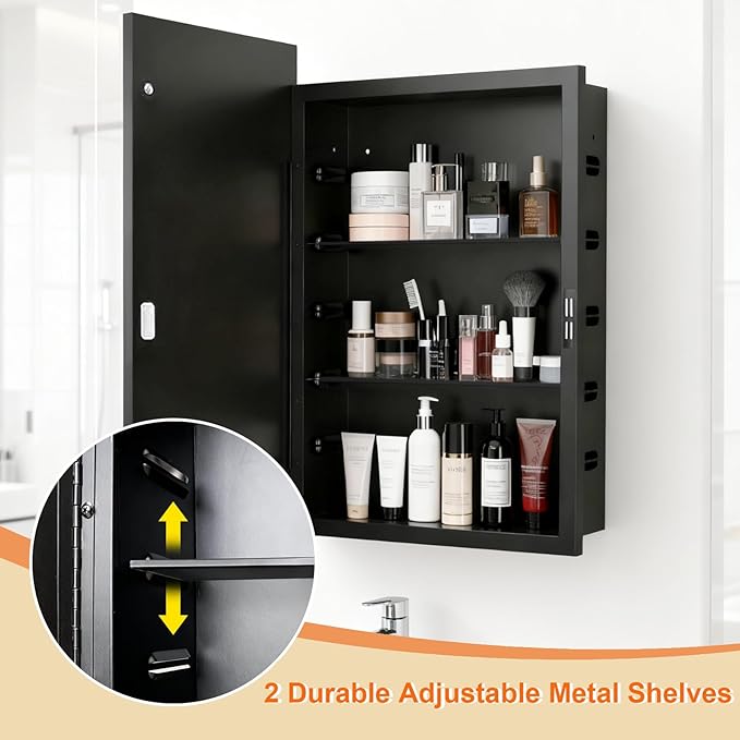 Recessed Medicine Cabinet with Mirror 20x26 inch, Mirrored Medicine Cabinets for Bathroom, Black Bathroom Mirror with Storage, Metal Medicine Cabinet with Mirror, 2 Adjustable Metal Shelves