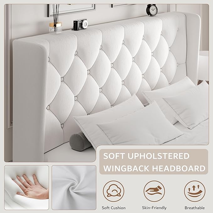 iPormis Full Size Velvet Platform Bed Frame with Button Tufted Headboard, Upholstered Bed Frame with Solid Wooden Slats, 8" Underbed Space, No Box Spring Needed, Noise Free, Easy Assembly, White