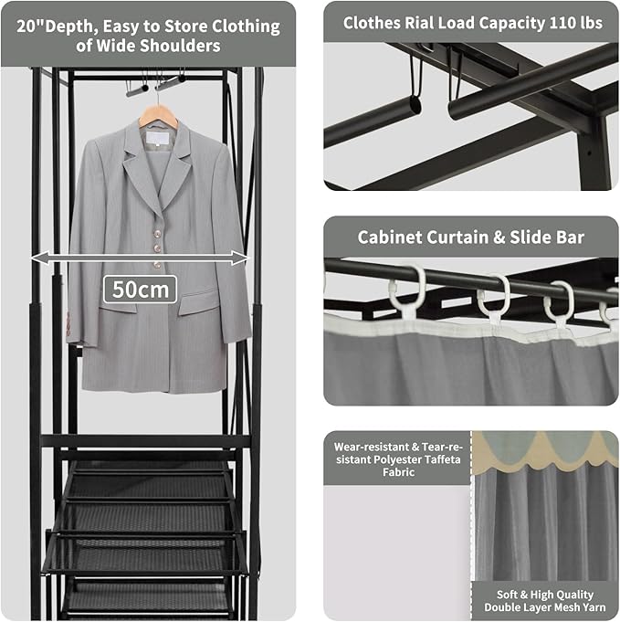 Portable Closet Rack Heavy-Duty Foldable Garment Racks with Cover 1200lbs Enclosed Wardrobe Closet with Independent Area for Hanging Clothes Storaging of Bedding (75in*20in*67in)