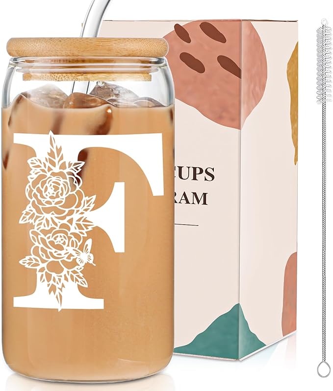 Christmas Gifts for Women: Initial Glass Cup as Office Graduation Memorial Holiday Personalized Gifts - for Mom Grandma Wife Girlfriend Sister Daughter Friend Christmas Gifts - F Aesthetic Cup