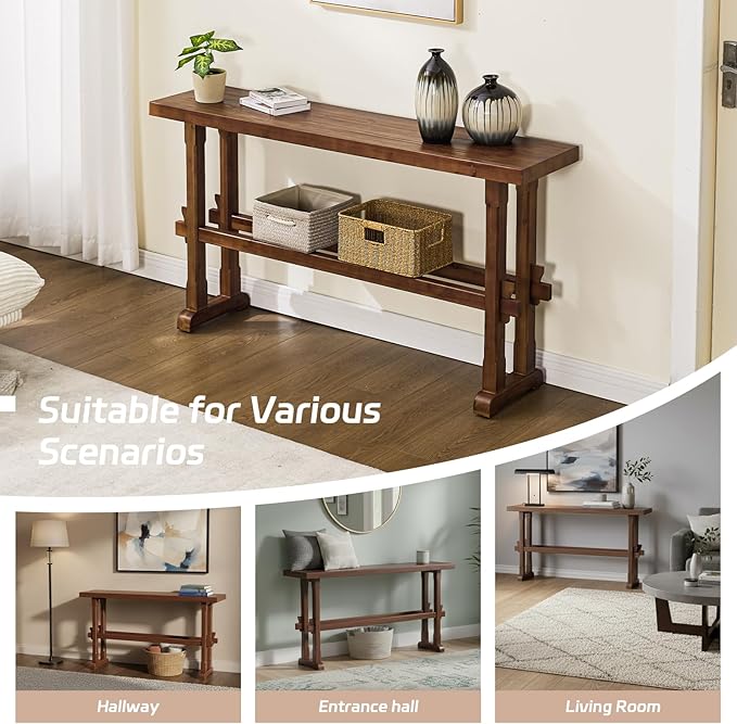 Kmax Entryway Table, 59 inchs Wood Farmhouse Console Table Boho Hallway Table Rustic Couch Table Behind Sofa for Outdoor Entrance Living Room - Walnut
