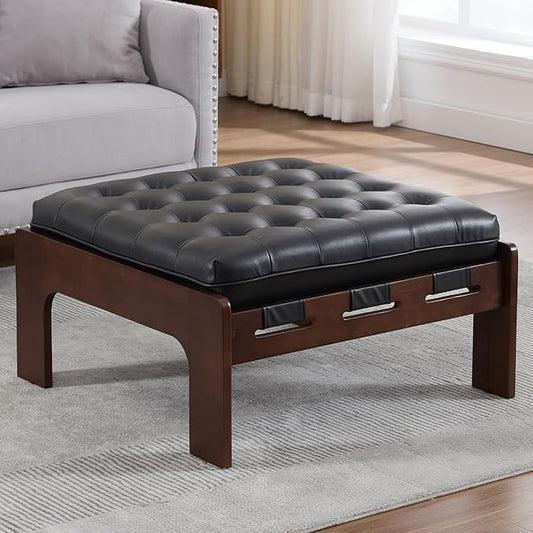 Kmax Coffee Table, 30 Inch Black Leather Ottoman Coffee Table Square Upholstered Dark Wood Center Table Tufted Tea Table for Living Room - PU, Black