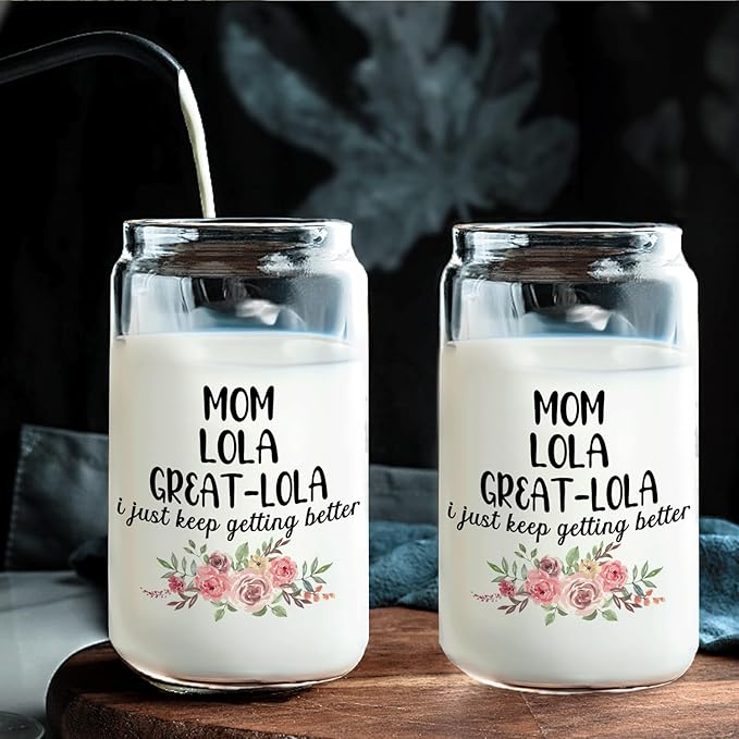 Christmas Grandma Gifts For Grandma Mom Lola Great Lola Glass Coffee Cup With Lid And Straws 14oz - christmas Glass Cup gifts For Grandmother