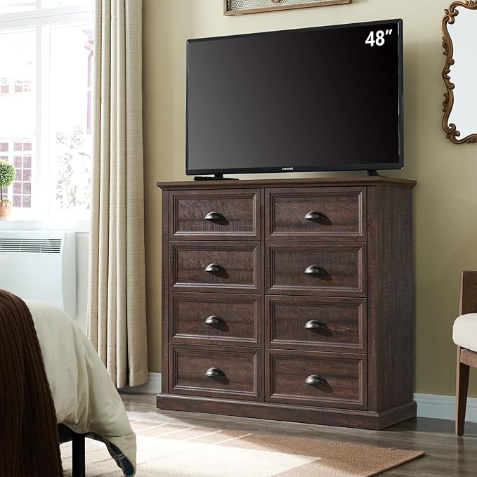 Farmhouse 8 Drawer Dresser for Bedroom, 39" Tall Dressers & Chests of Drawers, 42" Wide Dressers Organizer Storage, Wood Rustic Bedroom Dresser for Closet, Living Room, Hallway, Brown