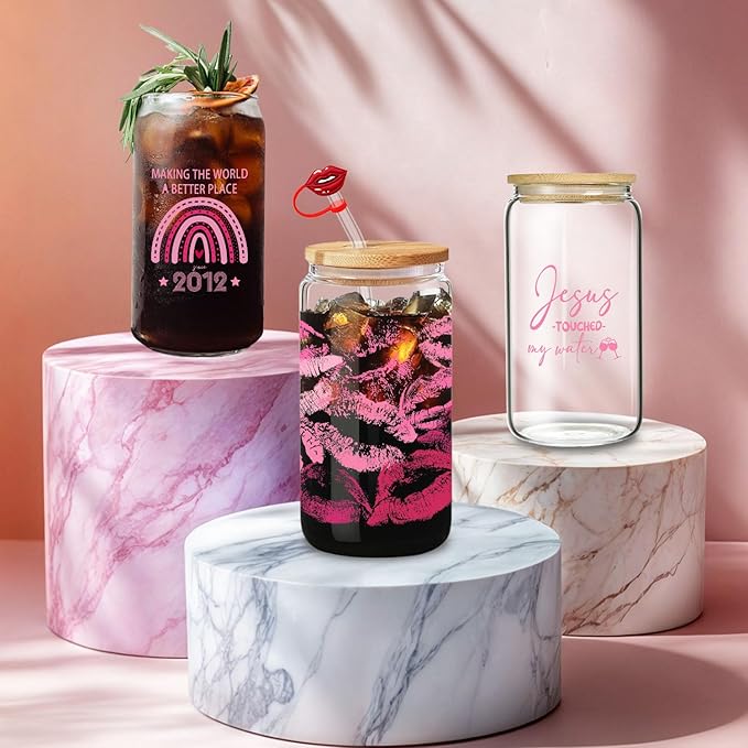 Aesthetic Pink Lipstick Tumbler - 16oz Iced Coffee Glass with Lid, Straw & Brush Set, Cute Coffee Bar Essentials, Elegant Gift Idea for Her, Ready to Gift, One Piece
