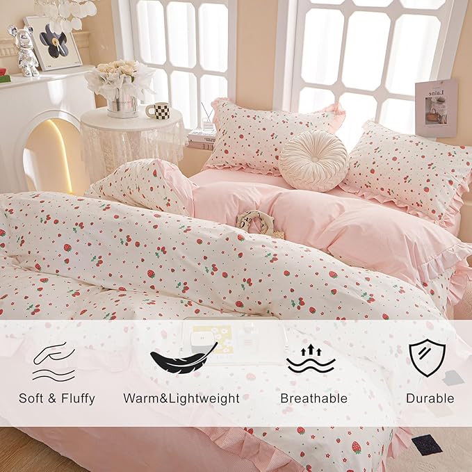 EAVD Kawaii Strawberry Comforter Set Full White Fluffy Microfiber Fruit Strawberry Bedding Set for Girls Women Ruffled Cute Comforter Set 1 Full Bed Comforter and 2 Pillowcases for All-Season