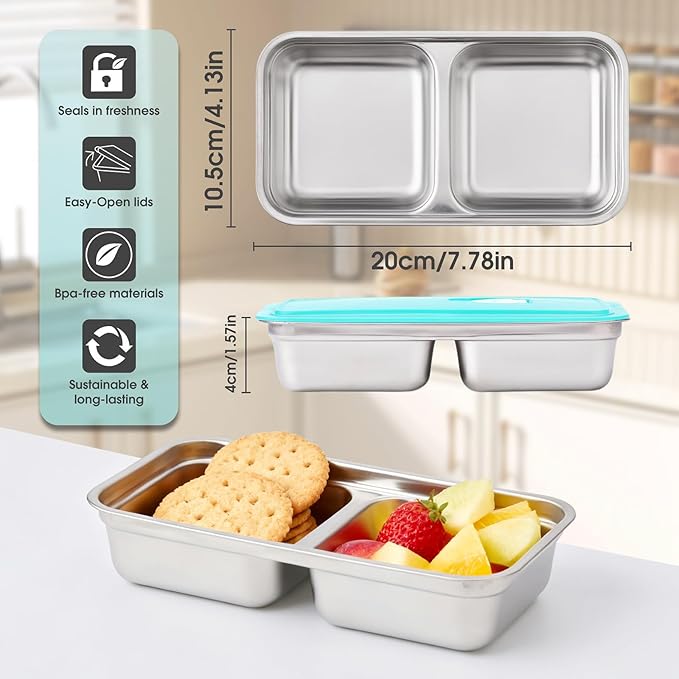 Stainless Steel Snack Containers,Food Storage,2 Compartment,Condiment Containers with Lids,Snack Containers 2 PCS