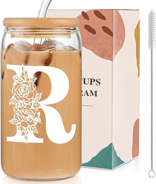 DWTS DANWEITESI Birthday Gifts for Women: Initial Glass Cup as Office Graduation Memorial Holiday Personalized Gifts - for Teacher Employee Nurse Coworkers Bridesmaid Bride - R Aesthetic Cup