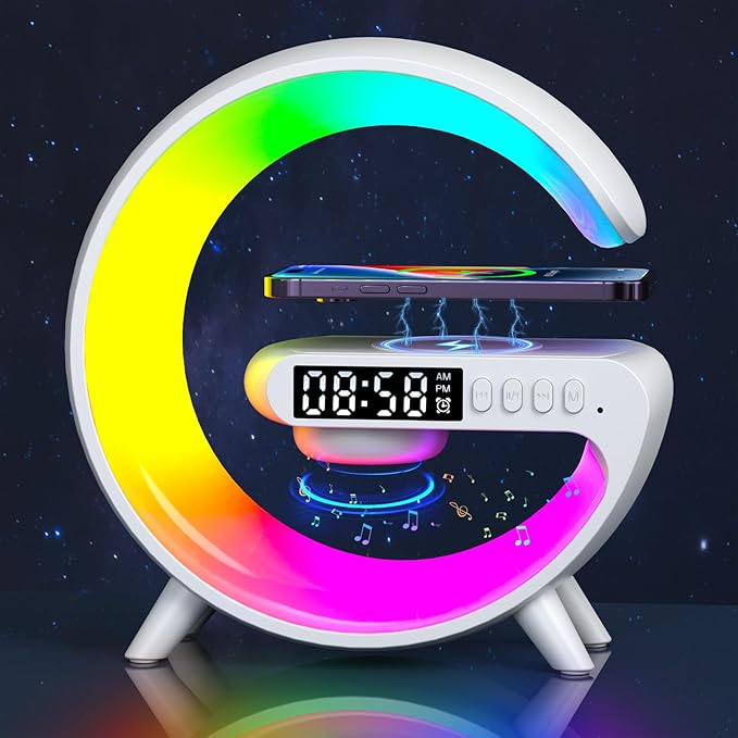 Smart LED Table Lamp, 4-in-1 Wireless Charger Smart Atmosphere Lamp, Night Light, Bluetooth Speaker & Alarm Clock for Bedroom, Office, and Home Decor(White)