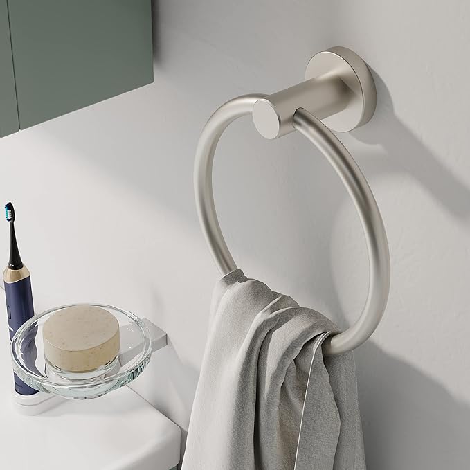 Brushed Nickel Towel Ring, Hand Towel Holder for Bathroom Kitchen Modern Rounded Base Wall Mount SUS304 Stainless Steel